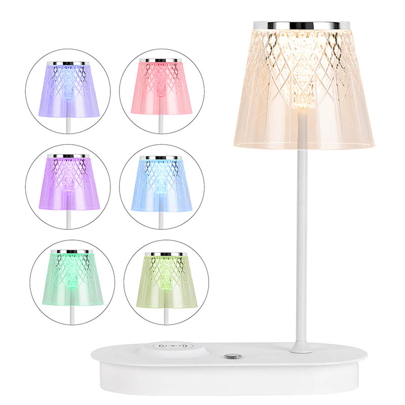 โคมไฟตั้งโต๊ะ LED เฉดสีโปร่งใสพร้อมเครื่องชาร์จแบบไร้สาย