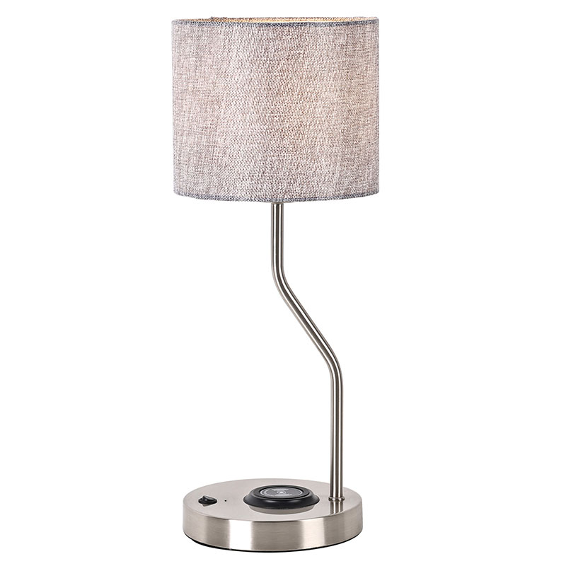 โคมไฟตั้งโต๊ะที่ชาร์จโทรศัพท์ไร้สายพร้อมโป๊ะผ้า